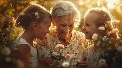 Three generations unite as a beaming grandmother is flanked by her two smiling granddaughters in a warmly sunlit garden.