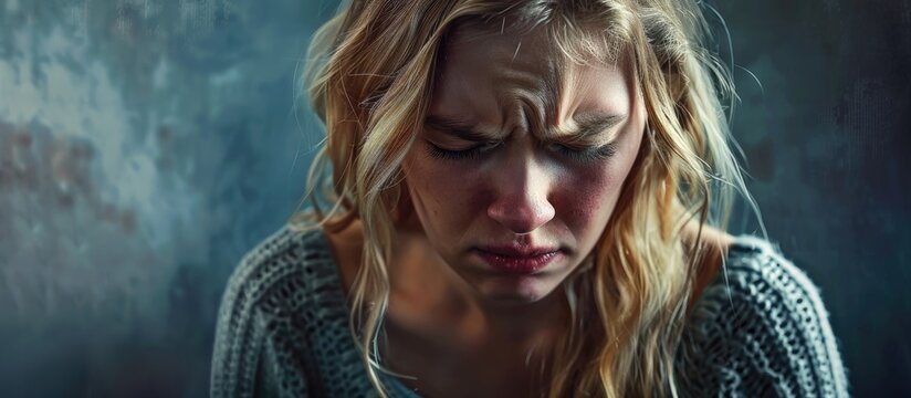 A sad and whiny blonde woman with a dejected expression is crying in a photo with copy space image