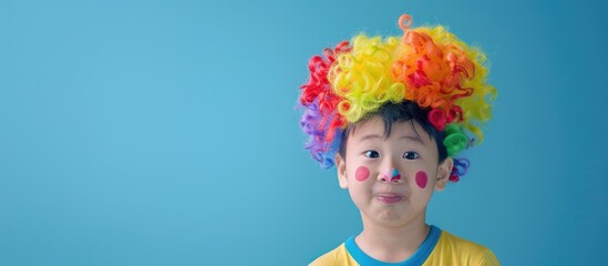 Fototapeta premium An adorable young Asian boy wearing a colorful clown wig stands alone against a blue backdrop allowing for additional text or images in the vacant area