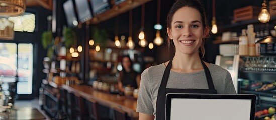 Waitress in a restaurant displaying a laptop with a blank screen for catering service software smiling at the camera in a portrait shot with copy space image