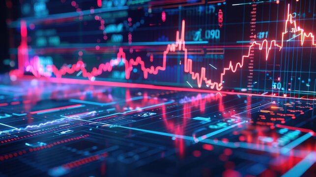 Business crisis, holographic price reduction, futuristic economic downturn, neon interface