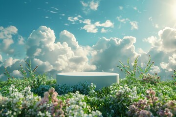 Beautiful outdoor scene with a white platform surrounded by blossoming flowers and vibrant green foliage