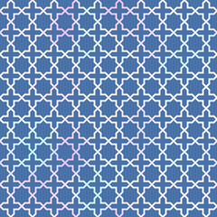 Oriental style seamless pattern. Vector foil gradient holographic ornament on blue background. Islamic traditional texture for backgrounds, wallpapers, textile patterns, decoration