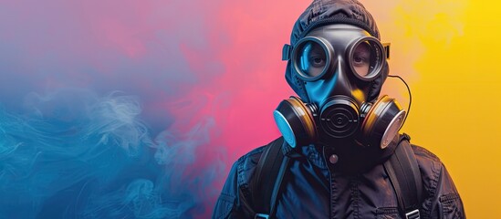 Employed individual wearing gas mask and helmet on colorful backdrop with copy space image