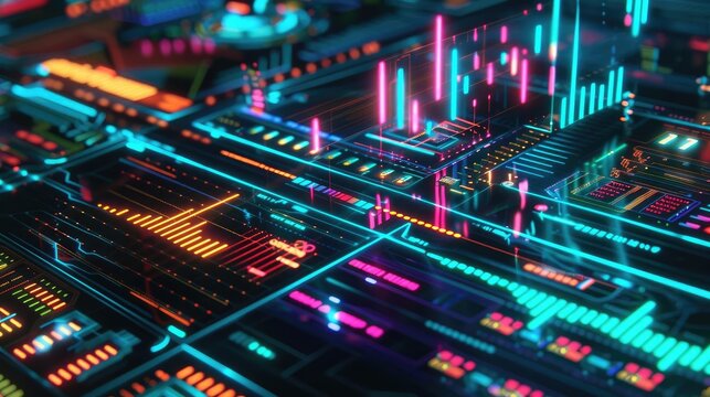 Business losses, holographic price drop, futuristic economic downturn, neon digital interface