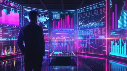 Naklejka premium Economic downturn, holographic price drop, futuristic business impact, digital neon visualization