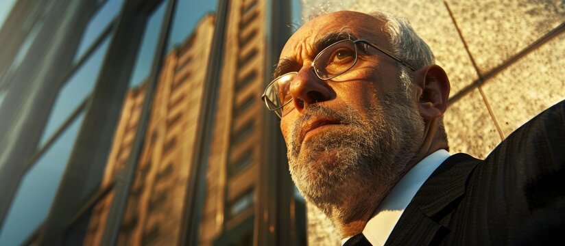 An architect themed image portraying a confident successful and proud middle aged man exuding an air of arrogance in his facial expression and demeanor. Copy space image