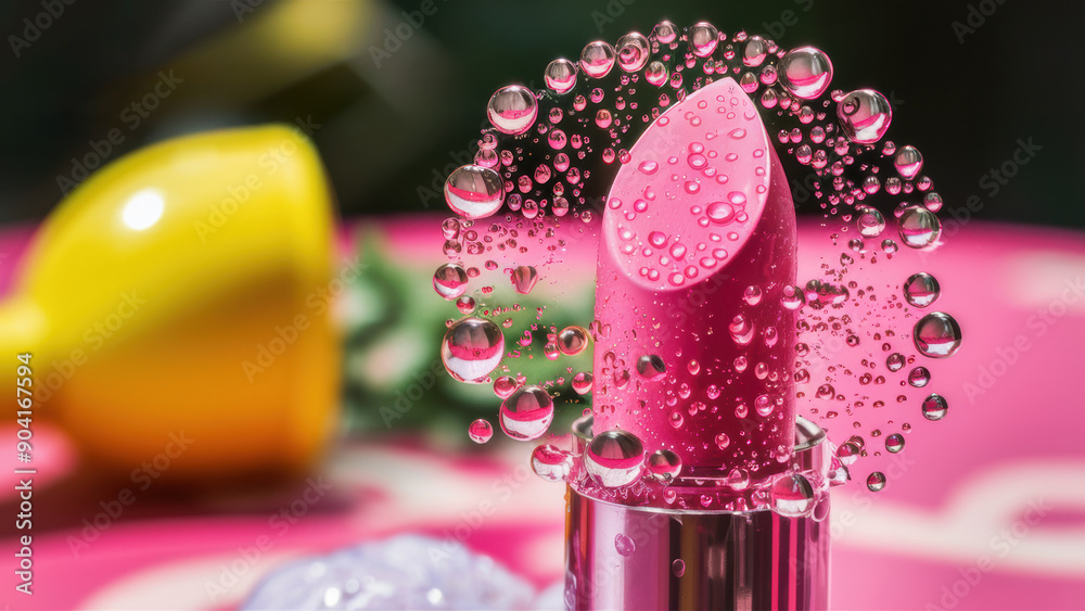 Canvas Prints A pink lipstick with water droplets on it sitting next to a yellow lemon, AI