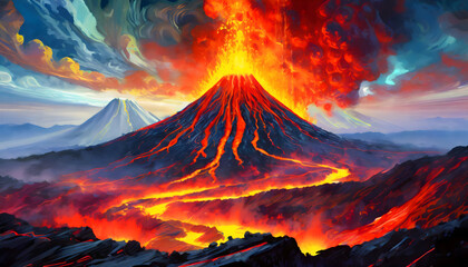 A digital glitch art masterpiece with volcano hot lava and gases on digital art concept, Generative AI.