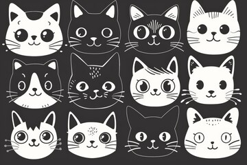Black and white illustrations of twelve cute cat faces with different expressions, showing a variety of moods.
