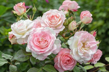 Light pink and white Floribunda Rose Belmonte blooms in a July 2022 garden