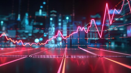 Holographic economic downturn, virtual business losses, futuristic price fall, neon visualization