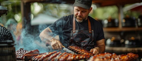 Master Chef Grilling Smoked Brisket and Ribs in Rustic Outdoor Kitchen with Southern BBQ Vibes