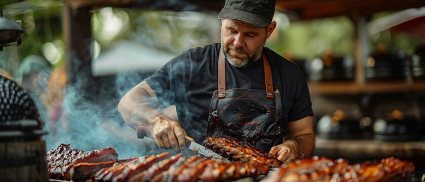 Master Chef Grilling Smoked Brisket and Ribs in Rustic Outdoor Kitchen with Southern BBQ Vibes