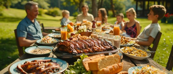 Obraz premium Happy Family Gathering Around a Southern BBQ Feast on a Picnic Table Outdoors