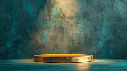 A wooden podium with a shimmering gold surface stands isolated against a teal cement wall. Soft, yellow studio lighting enhances the rich texture.