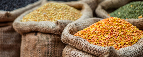 A vibrant market scene with sacks of different lentils, showcasing their diverse colors and inviting appearance.