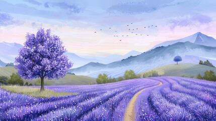 Obraz premium Lavender field, endless rows of purple blooms, sunny day