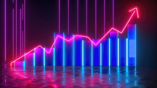 Holographic price fall, virtual business decline, futuristic economic downturn, neon design