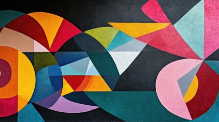 A stunning abstract mural with bright geometric figures on a dark background