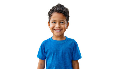 Portrait of a little Hispanic boy smiling and looking at the camera, isolated on transparent background