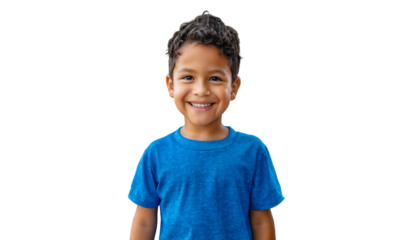Portrait of a little Hispanic boy smiling and looking at the camera, isolated on transparent background