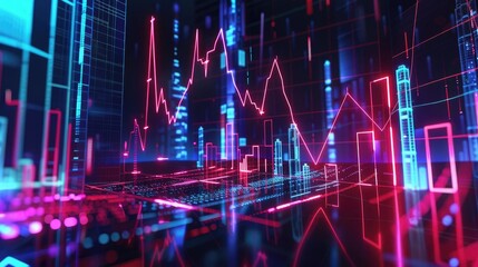 Price downturn, holographic business losses, futuristic financial collapse, neon visualization