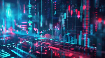 Obraz premium Price drop, holographic business decline, futuristic financial impact, dark tech background
