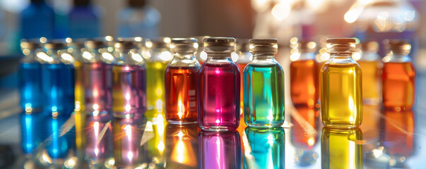 Colorful liquid-filled bottles placed on a shiny surface, each bottle offering protection from viruses and polluted air.