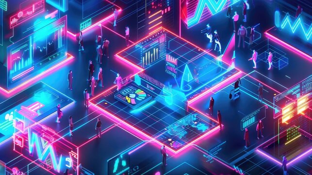 Price drop, holographic economic crisis, futuristic business struggle, neon digital design