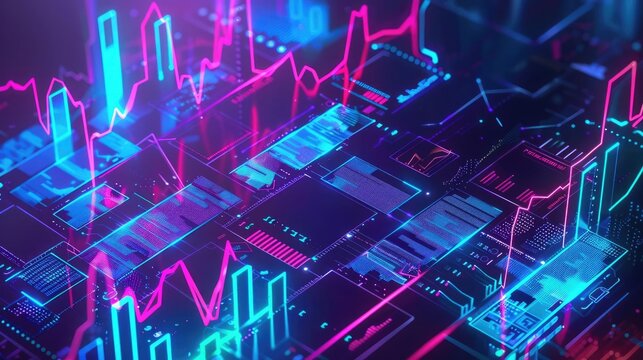 Price drop, holographic economic crisis, futuristic business struggle, neon digital design