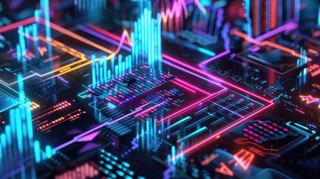 Price drop, holographic economic crisis, futuristic business struggle, neon digital design