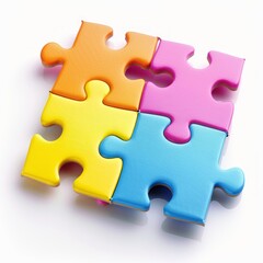 Fototapeta premium medium shot of four pieces of puzzle, isolated on a white background, bright and vivid tonality 