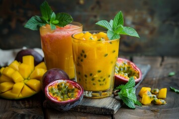 Smoothies with mango and passion fruit on a wooden surface