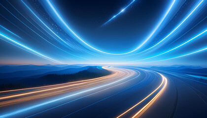 Bright blue sky light trails curve dynamically against a dark background.