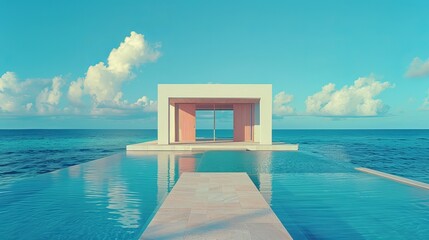 Fototapeta premium A white building with a large window overlooking a pool and ocean.