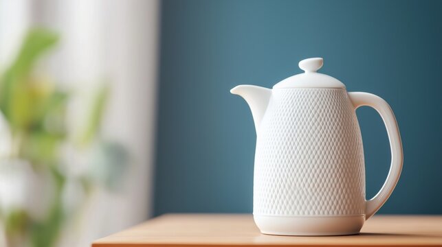Elegant white ceramic teapot on wooden table against blue wall background.