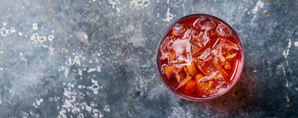 Refreshing drink with ice on a flat surface, with plenty of space for text in the frame.