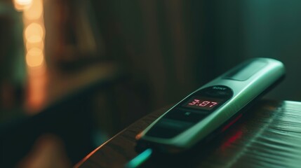 Laser pointer displaying a temperature of 3.87 degrees celsius on its screen with a blurred background