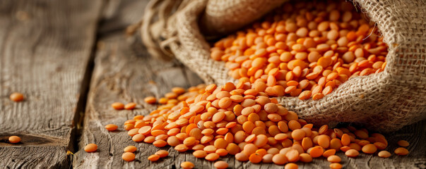 A close-up of red lentils in a burlap sack, with some spilling out onto a wooden table to emphasize their vibrant color.
