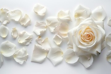 White rose and petals on white background perfect for greeting cards Ideal for special occasions like weddings birthdays Valentine s Day and Mother s Day