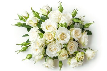 White roses and eustoma flowers isolated on white background Top view