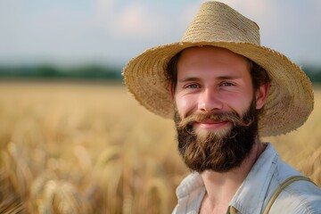 Fototapeta premium A smiling farmer wearing a straw hat stands in a golden wheat field under a clear blue sky. His expression reflects contentment and a connection to the land he works on. 