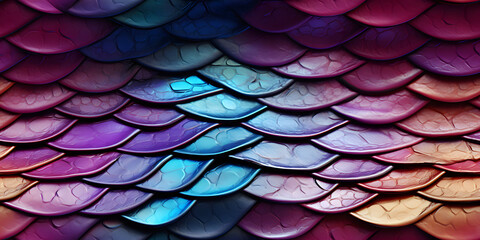 Seamless 3D Snake, Dragon Colorful Vibrant Skin Leather Pattern Texture With Scales. Abstract Colorful Background With Circles and Dots. Clothing Fabric, Paper, House Roof, and Decorations, Wallpaper