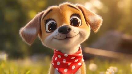 A cute cartoon puppy with a polka-dot bandana, looking up with big eyes