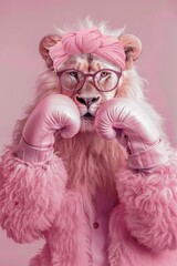 The image shows a lion dressed in a pink turban, glasses, and pink boxing gloves against a matching pink background, creating a humorous and whimsical scene. The lion's attire contrasts sharply with i