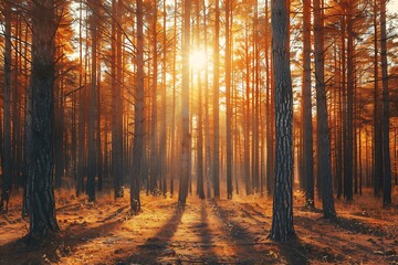 Obraz premium Autumn Nature Scene: Sunlight Through Trees, Pine Forest, Fall Colors