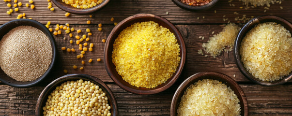 A collection of bulgur in small bowls, arranged neatly on a wooden table to emphasize its natural look.