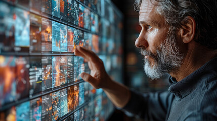 Focused man analyzing data on multiple high-tech screens, highlighting a modern and advanced approach to information processing.
