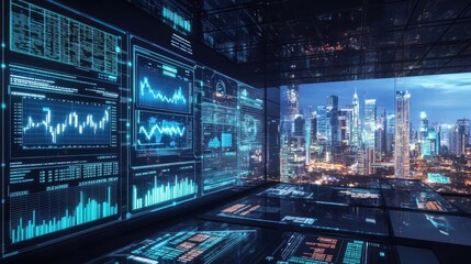 Obraz premium Digital screens showing financial crisis in a futuristic city, digital financial, tech-era economic downturn